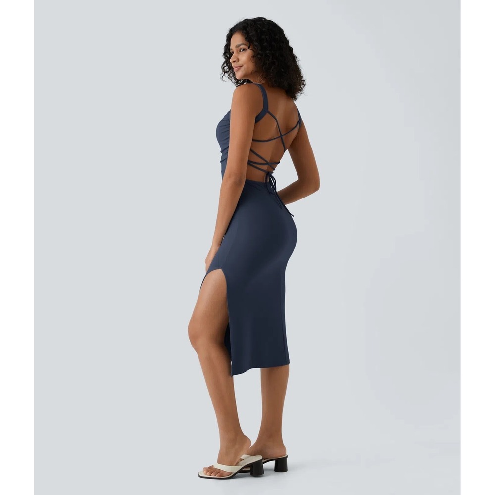 Halara‎ Ruched Lace Up Bodycon Midi Dress Small Blue NWT Side Slit Open Back
